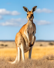 A majestic kangaroo stands tall against the backdrop of the Australian outback and a clear blue sky. Generative AI
