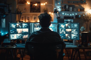 Man Monitoring Multiple Screens in Dimly Lit Room