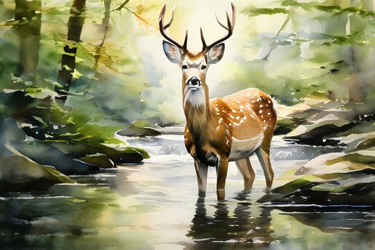 Draw an image of a deer in watercolor. Generative AI