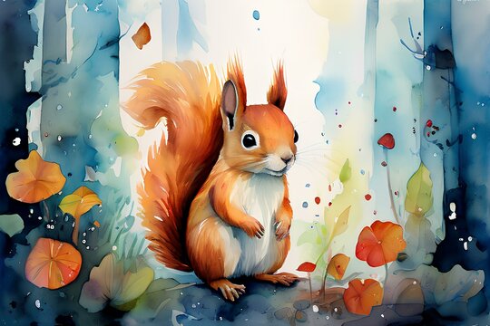 Draw an image of a squirrel in watercolor. Generative AI
