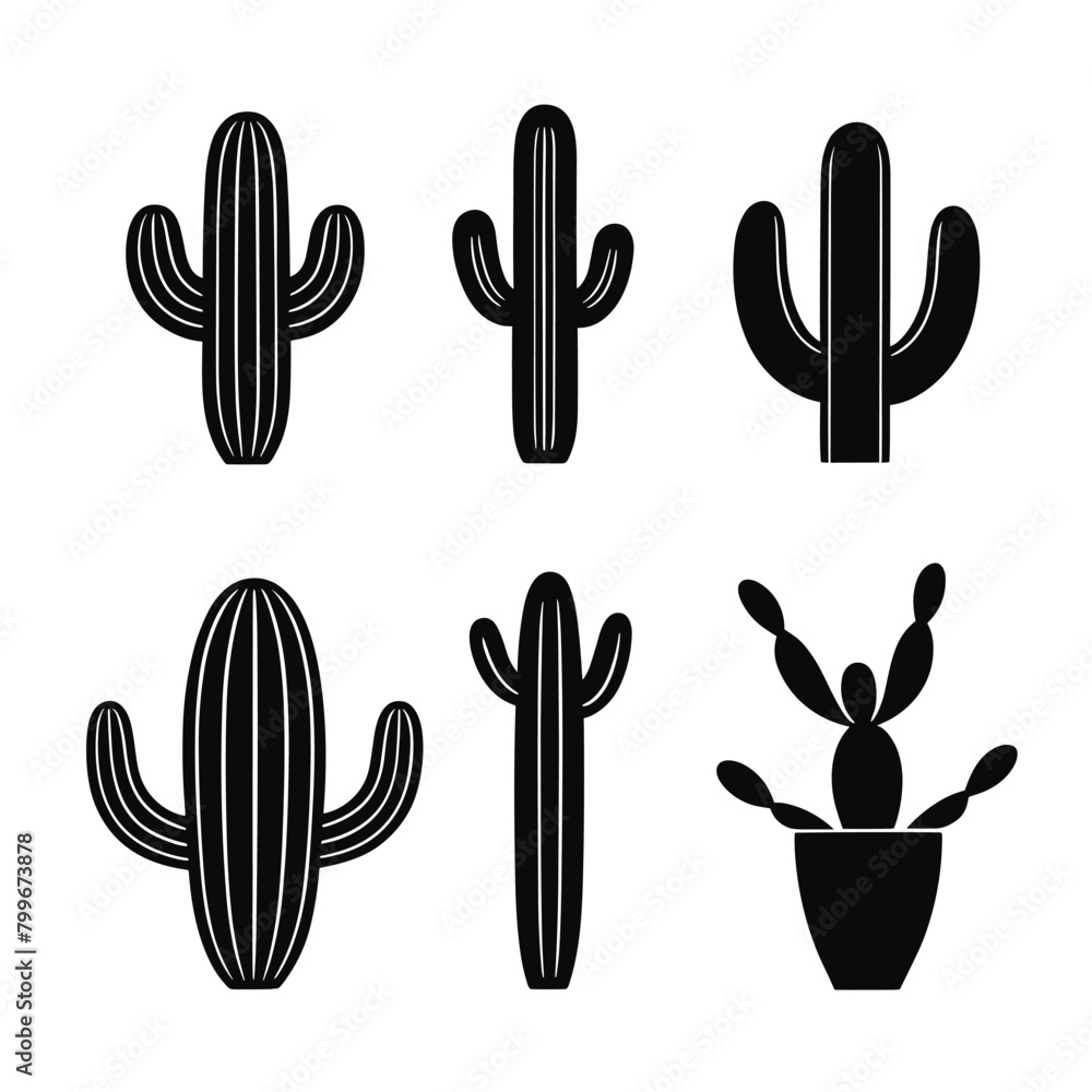 Poster black silhouette collection of various cactus shapes, depicting different styles in a minimalistic d