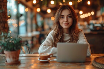Young Entrepreneur Working at a Cozy Café. Young female entrepreneur works attentively on her laptop in a cozy café environment, reflecting modern remote working trends. - obrazy, fototapety, plakaty