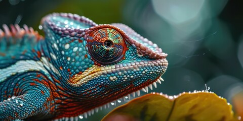 Obraz premium A brightly colored chameleon is perched on a leaf, looking out at the world with its big, round eyes. AI.