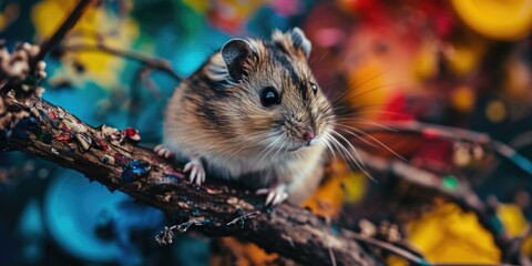 A close-up of a mouse on a branch. AI.