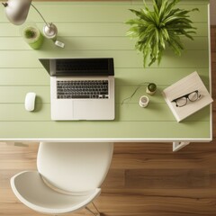 A desk with a laptop, a mouse, a plant, a lamp, a book, and some other office supplies. AI.
