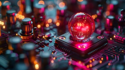 A glowing red orb sits on a circuit board. AI.
