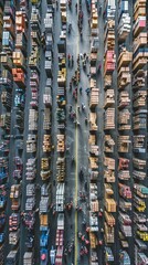 People walking through a large warehouse filled with shelves of boxes. AI.