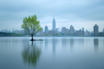 Obraz premium Minimalist cityscapes with a focus on the natural elements that coexist within urban environments, such as parks, trees, and waterfronts, against a simple sky backdrop. 
