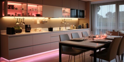 A modern kitchen with a dining table and chairs. AI.