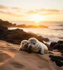 Obraz premium Two cute baby seals are lying on the beach and looking at the sunset. AI.