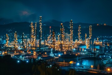 Obraz premium Night view of an oil refinery. AI.