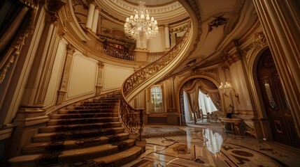 Magnificent Marble Staircase in Ornate Palace Interior with Shimmering Chandelier Reflecting on Polished Floor