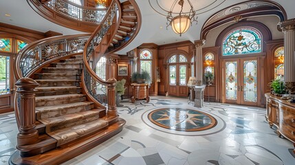 Magnificent Ornate Marble and Wood Foyer with Spiral Staircase and Elegant Chandelier in Luxury Historic Mansion
