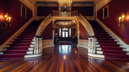 Majestic Marble Staircase in Opulent Renaissance-Style Mansion Entrance Hall - obrazy, fototapety, plakaty