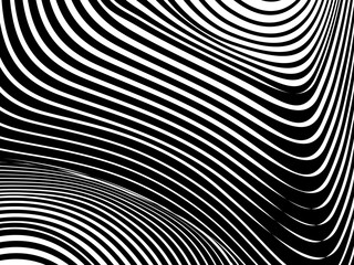 Abstract hypnotic wave pattern with black-and-white striped lines. Psychedelic background. Op art, optical illusion. Modern design, graphic texture.