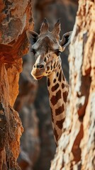 A giraffe peeks out from behind a tree. AI.