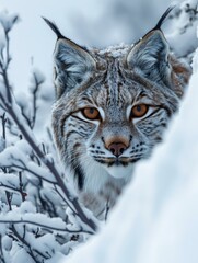 Obraz premium A lynx stares out from behind a snow-covered branch. AI.