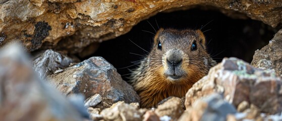 A curious marmot peeks out of its burrow. AI.