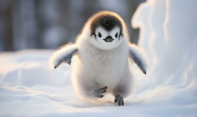 Obraz premium A baby penguin walks on the snow. AI.