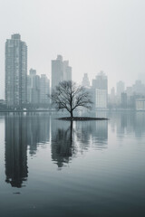 Fototapeta premium Minimalist cityscapes with a focus on the natural elements that coexist within urban environments, such as parks, trees, and waterfronts, against a simple sky backdrop. 