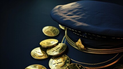 A pile of gold coins and a hat with a badge on it