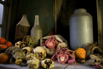 Still life with skulls, vegetables, and a jar. AI.
