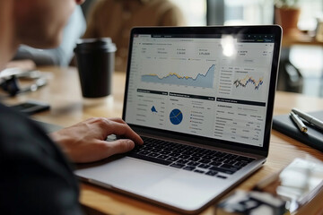 Business Analytics on Laptop Screen in Café. Person analyzing business performance using sophisticated analytics software on a laptop in a modern café setting.