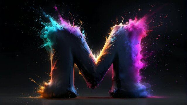 Letter M 3d art with multicolor powder explosion, Seamless Animation Video Background in 4K Resolution	