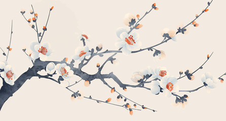 Flowers on a branch in spring on a light background. Traditional Chinese painting. Banner