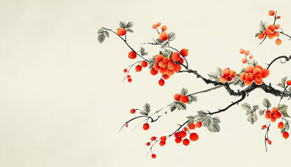 Fototapeta premium Red flowers on a branch on a light background. Traditional Chinese painting. Banner