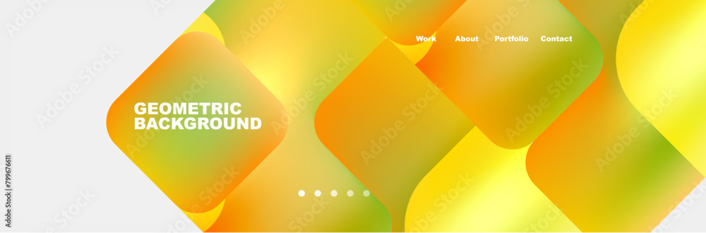 Poster vibrant colors like amber, orange, and peach in a geometric pattern of yellow and green squares on a