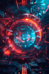 abstract futuristic tech circle in focus, red and blue digital elements, data stream, energy source, technological progress , photorealistic // ai-generated 