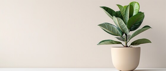 Lovely ornamental rubber fig tree houseplant in a ceramic planter over a white setting and lovely lush foliages for visual impact space, Generative AI.