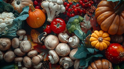 Healthy vegetarian seasonal food, Flat lay of autumn vegetables, fruits and mushrooms from local...