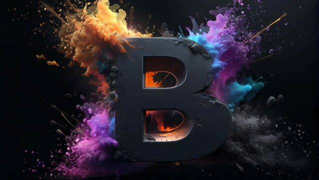 Letter B 3d art with multicolor powder explosion, Seamless Animation Video Background in 4K Resolution