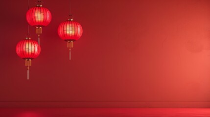 a simple chinese new year red background with three red lanterns aspect ratio 2:1
