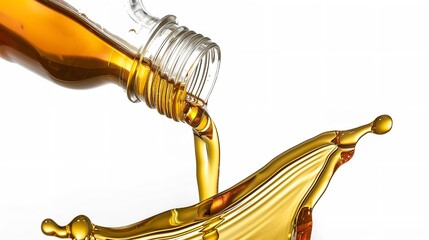 A close shot of pouring oil lubricant motor oil from bottle isolated on a clean studio white backdrop with a big space for text or product advertisement background, Generative AI.