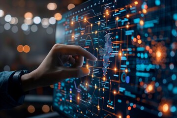 Touchscreen Interface for Advanced Data Analysis. Person interacts with a futuristic touchscreen display, illustrating advanced data analysis for business intelligence and strategy.
