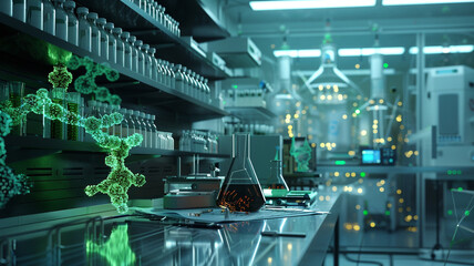 Detailed image of a laboratory exploring synthetic biology for environmental cleanup, highlighting gene circuits and microbial systems 32k,