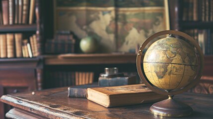 A globe sits on a table next to a stack of books