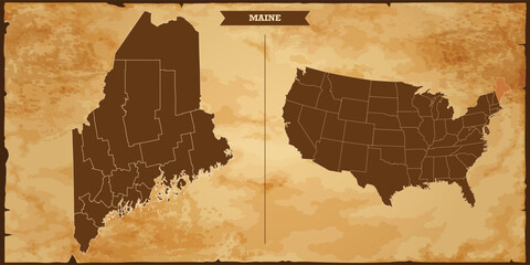 Maine state map, United States of America map with federal states in A vintage map based background, Political USA Map - obrazy, fototapety, plakaty