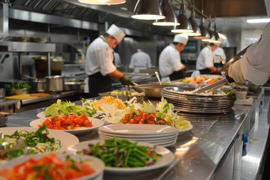 cafeteria kitchen busy with chefs preparing meals