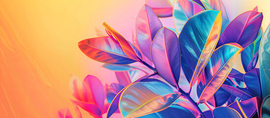 Nature neon banner with rubber plant leaves and soft flower. Illustration for background