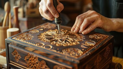 A person using a wood burning tool to create intricate designs on a wooden box.. - Powered by Adobe