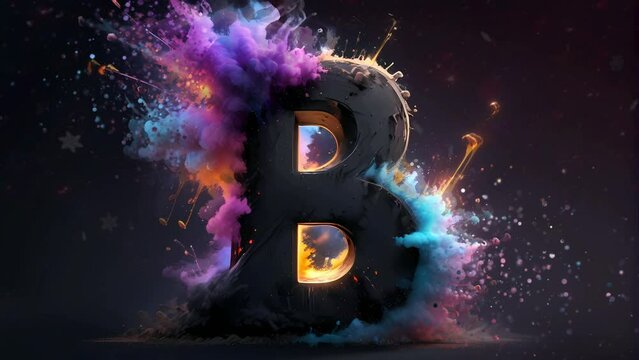 letter B 3d art with color powder explosion background, Seamless Animation Video Background in 4K Resolution