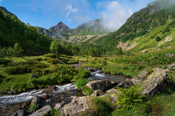 View of the Malaya Dukka River against the backdrop of the mountains of the North Caucasus on a sunny summer day, Arkhyz, Karachay-Cherkessia, Russia © Ula Ulachka
