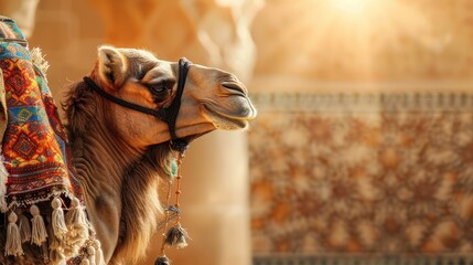 Islamic sacrificial camel on the Eid al-Adha holiday, with an Islamic illustration copy space background.
