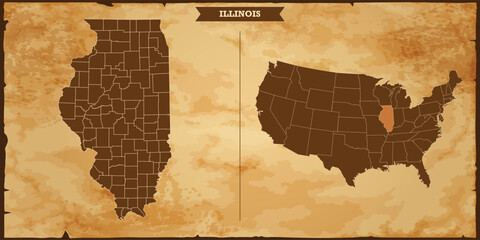 Illinois state map, United States of America map with federal states in A vintage map based background, Political USA Map - obrazy, fototapety, plakaty