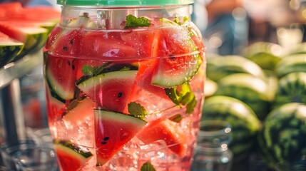 A large dispenser filled with icecold watermelon infused water complete with floating watermelon slices and mint leaves. - obrazy, fototapety, plakaty