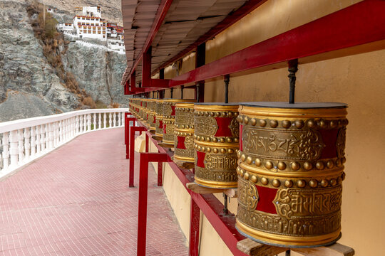 Prayer wheels at the Diskit Buddhist Monastery in the Nubra Valley in northern India